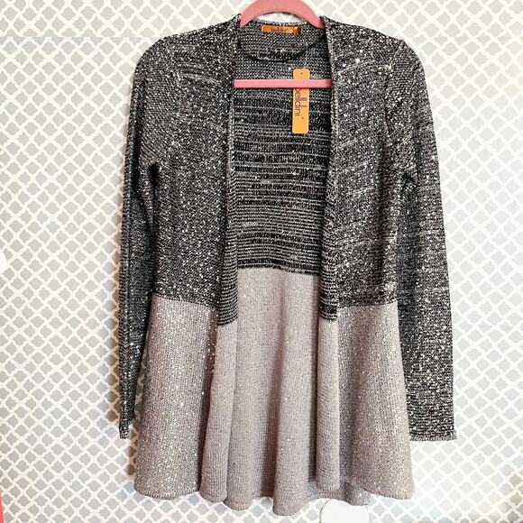 BELLDINI Black & Gray Sequined Knit Open Front Cardigan Sweater, S, NWT! - Picture 3 of 9